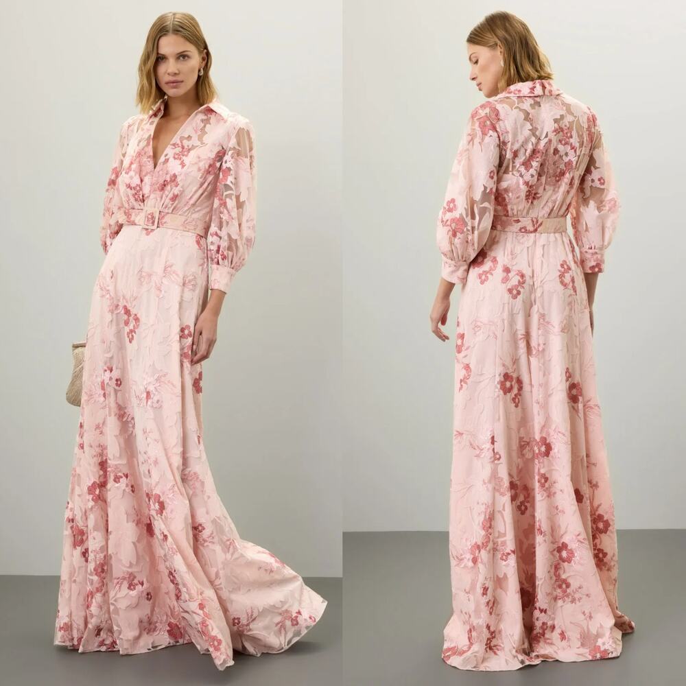 Badgley Mischka Shirt Dress Floral Lace Applique 3/4 Balloon Sleeve Maxi Pink 4